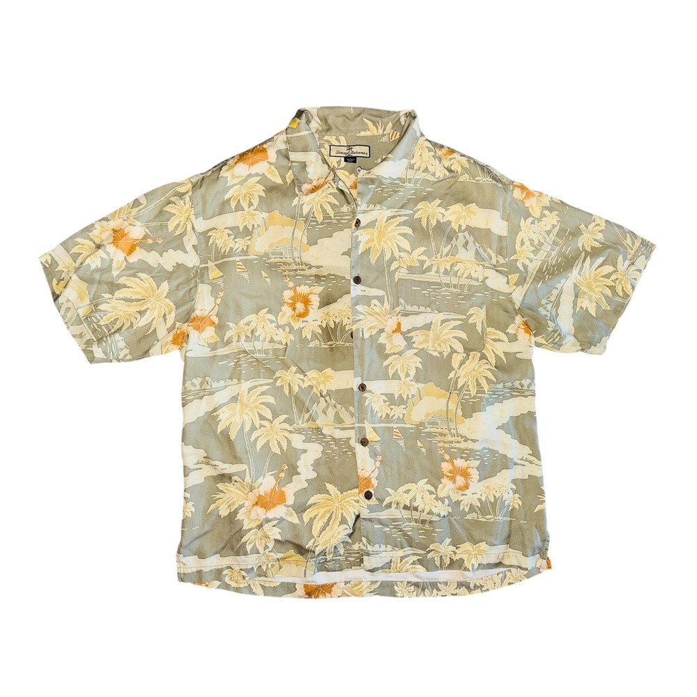 WB6 Tommy Bahama Tropical Island Hawaiian Camp Shirt Palm Trees Orange Flowers L
